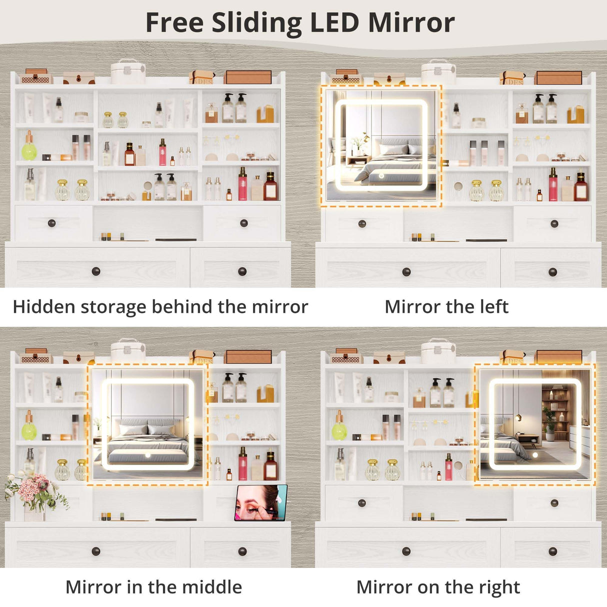 IRONCK Vanity Desk with LED Lighted Mirror, Large Storage Makeup Vanity Table with 5 Drawers, Cabinet, 7 Open Shelves, Power Outlet, Storage Stool, Bedroom, White IRONCK