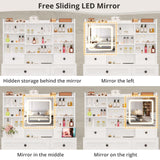 IRONCK Vanity Desk with LED Lighted Mirror, Large Storage Makeup Vanity Table with 5 Drawers, Cabinet, 7 Open Shelves, Power Outlet, Storage Stool, Bedroom, White IRONCK