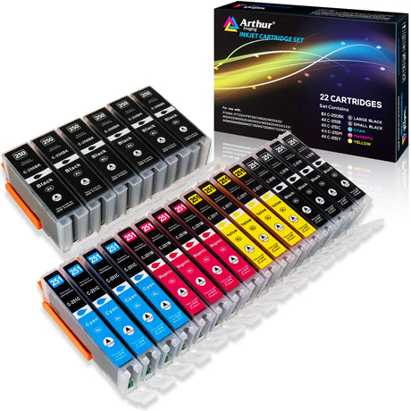 Arthur Imaging Compatible Ink Cartridge Replacement for Canon Pgi-250Xl CLI-251XL for Use with Pixma MX922 MG5520 (6 Large Black, 4 Small Black, 4 Cyan, 4 Yellow, 4 Magenta, 22-Pack) Arthur Imaging