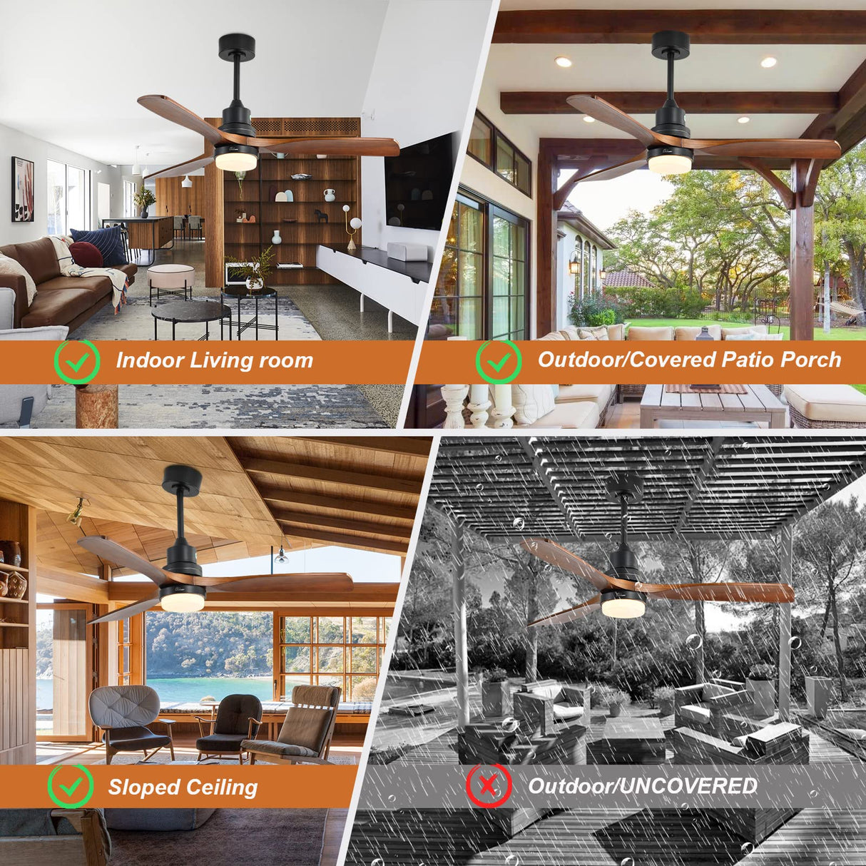 Sofucor 52" Ceiling Fan with Lights Remote Control, 3 Poles for Indoor Outdoor Ceiling Fan with Remote, Reversible Noiseless ETL Motor, 3 Walnut Wooden Blades Sofucor