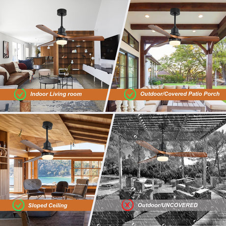 Sofucor 52" Ceiling Fan with Lights Remote Control, 3 Poles for Indoor Outdoor Ceiling Fan with Remote, Reversible Noiseless ETL Motor, 3 Walnut Wooden Blades Sofucor