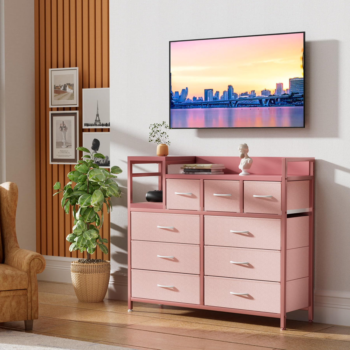 GAOMON Dresser TV Stand with Power Outlet, Bedroom Dresser with 9 Drawers, Chest of Drawers for Living Room, Hallway(Pink) GAOMON