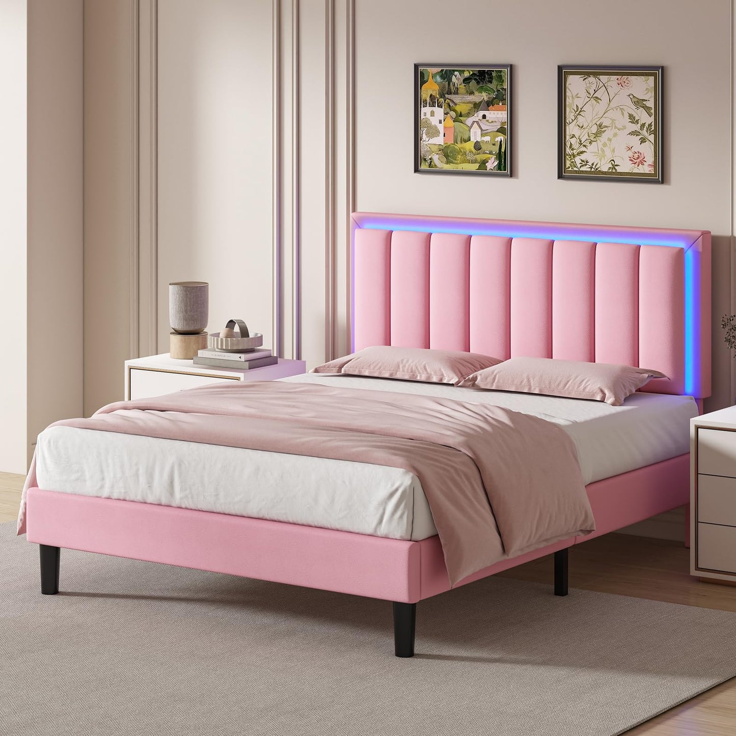 Full Size Bed Frame with LED Lights, Upholstered Platform Bed with PU Leather Headboard, Mattress Foundation with Wooden Slats Support, No Box Spring Needed, Easy Assembly, Pink