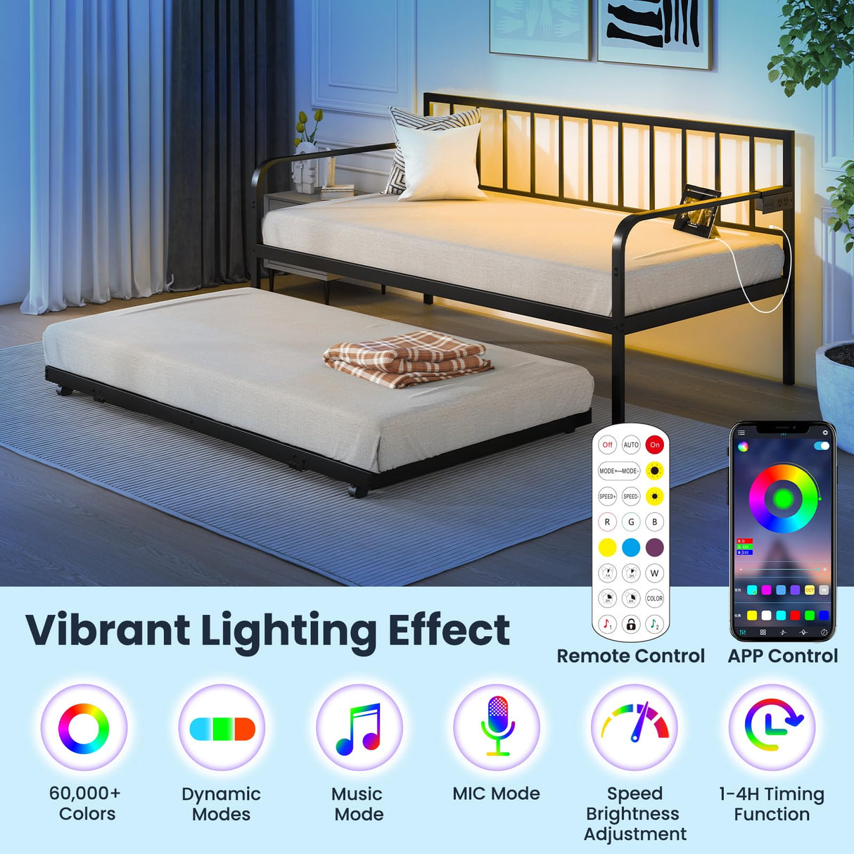 Giantex Black Twin Daybed with Pop-Up Trundle, Charging Station & LED Lights Giantex