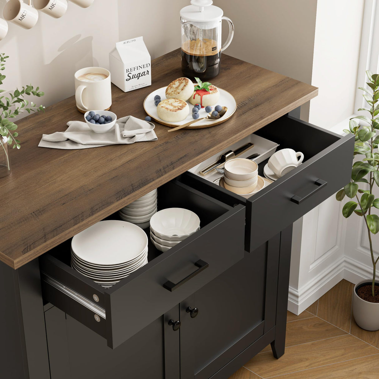 HORSTORS Kitchen Storage Cabinet, Modern Farmhouse Buffet Cabinet with Storage, Coffee Bar with 2 Drawers and 2 Doors, Floor Sideboard Buffet for Living Room, Dining Room, Bathroom, Black/Rustic Brown HORSTORS