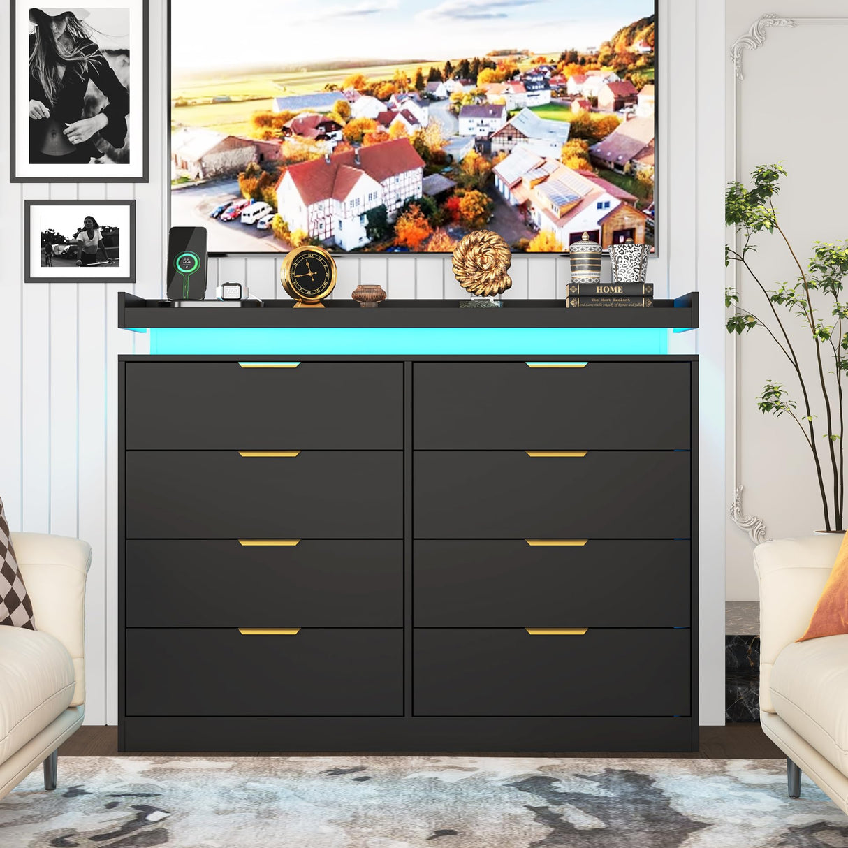 knoworld 8 Drawer Dressers for Bedroom, Black Dresser with LED Lights and Power Outlet, Modern Large Dresser Wooden Long Dresser, Double Wide Dresser for Bedroom, Living Room, Entryway, Hallway knoworld