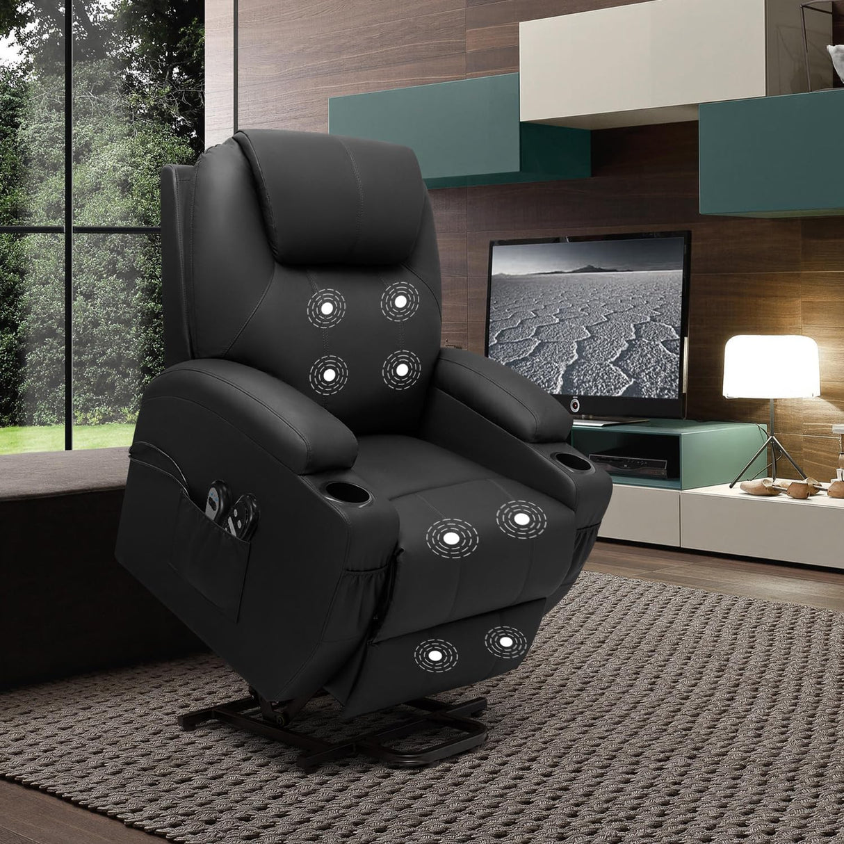 VICTONE Electric Power Lift Recliner Chair for Elderly Reclining Sofa for Living Room with Massage, Side Pockets and Cup Holders (Leather, Black) VICTONE