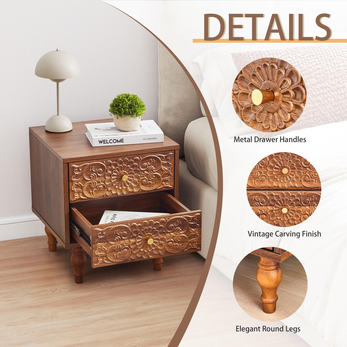 Sylphorium Nightstand, Farmhouse Bedside Table with 2 Drawers and Metal Handles, Wood Sofa Side Table End Table Accent Dresser for Bedroom, Living Room (Walnut) (15.75 x 16.02 x 18.15 Inch) Sylphorium