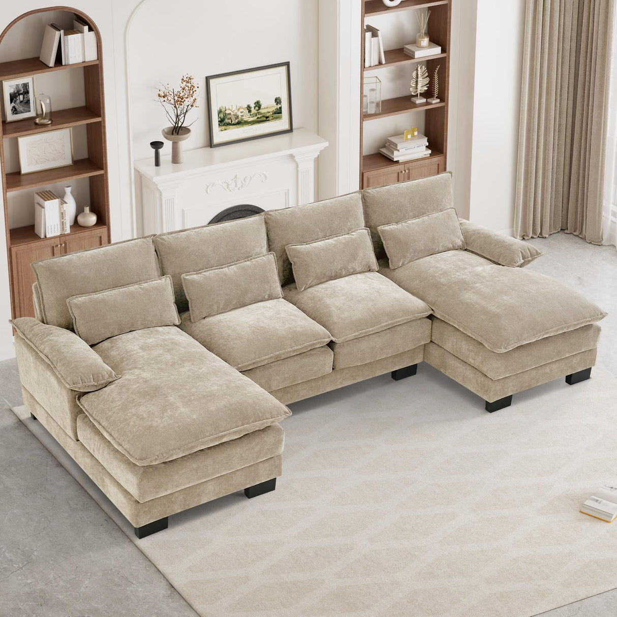 OUYESSIR 110" U Shaped Cloud Sectional Sofa with Deep Seat Cushions, Modern Comfy Chenille Couch, 4 Seater Fluffy Sectional Couches for Living Room with Double Chaise(Light Brown) OUYESSIR