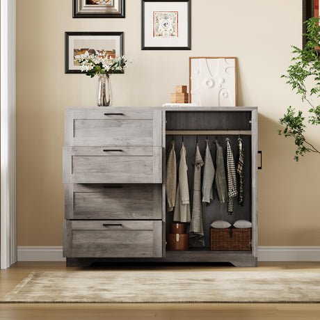 GarveeHome Multifunctional Wooden Dresser for Bedroom, 43.3 in H 2 Door Wardrobe Armoire Closet with 4 Drawers and Hanging Rod, Low Storage Cabinet for Hanging Cloth, Gray GarveeHome