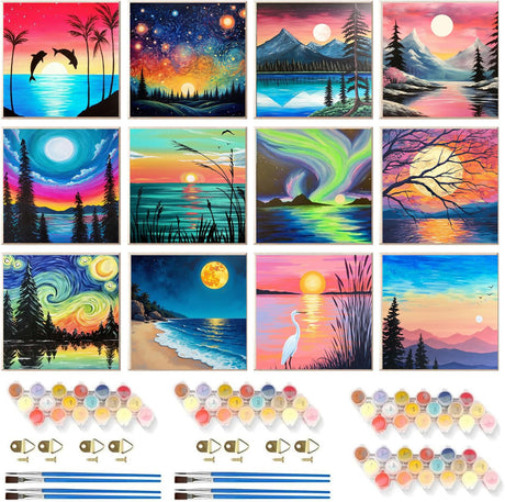 CraftCraze 12 Sets Sunset Natural Scenery Paint by Numbers Kit for Adults, Paint by Number for Beginner, DIY Painting Kits for Home Wall Decoration 7.8x7.8 Inch CraftCraze