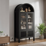 DWVO 71" Tall Arched Cabinet Kitchen Pantry with LED Light/Wood Kitchen Storage Cabinets with Tempered Glass Doors and Adjustable Shelves/Bookcase Cabinet with Storage for Dining Room-Black DWVO
