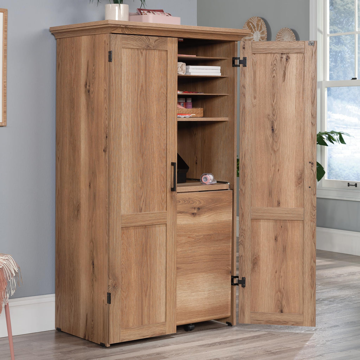 Sauder Miscellaneous Storage Craft & Sewing Armoire, L: 35.12" x W: 21.81" x H: 61.58", Timber Oak Sauder
