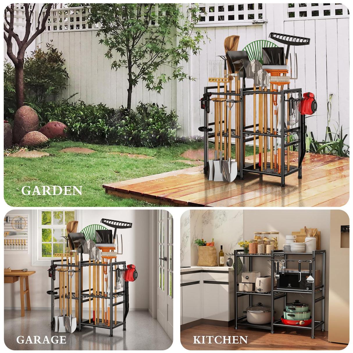 CICUFY Garden Tool Organizer Storage Metal Yard Tool Organizer Heavy Duty Garden Tool Rack Stand with 2 Extra Hooks, Up To 70 Long Handled Shovels/Rakes/Brooms Holder for Garage,Shed,Outdoor(Black) CICUFY