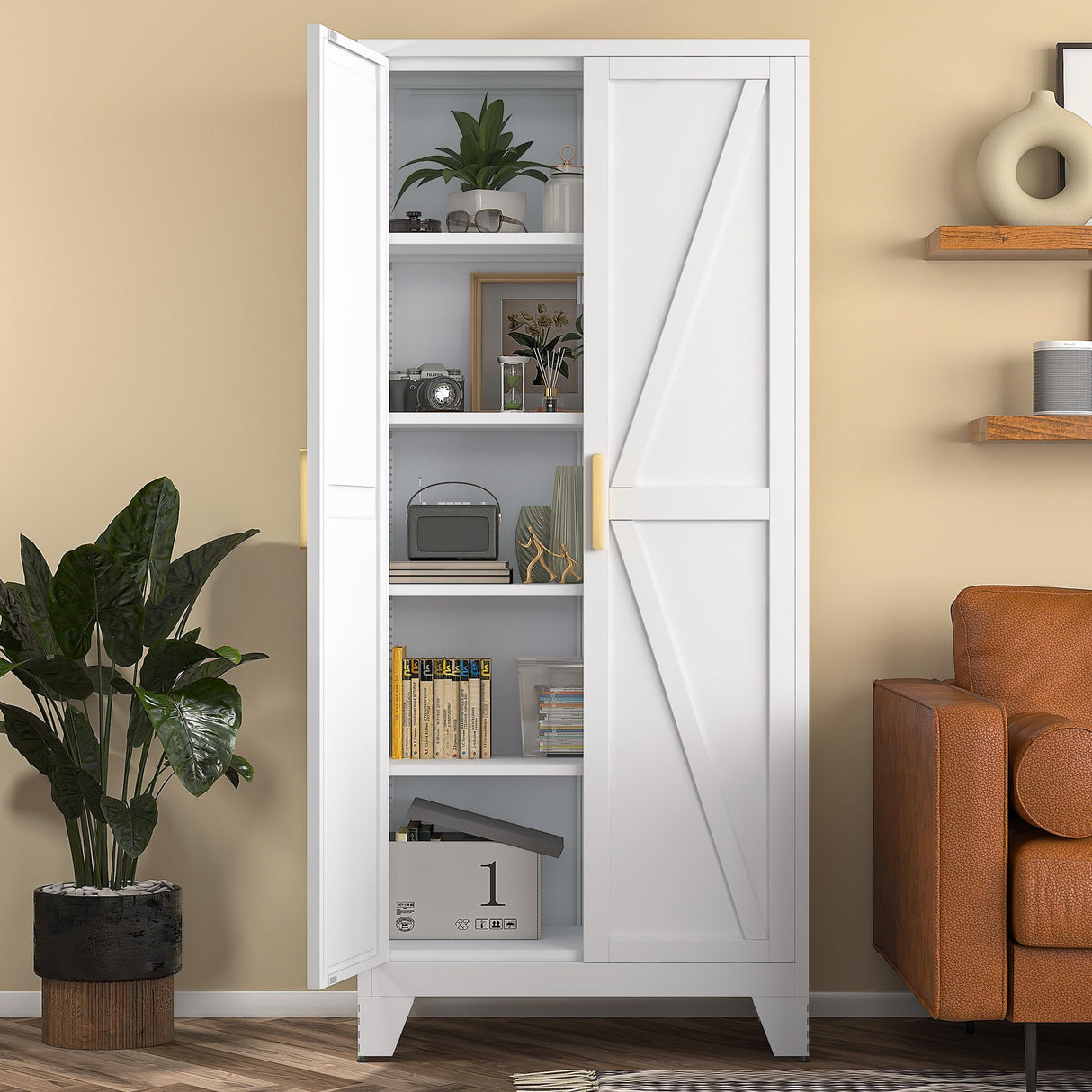 COFaR 5 Tier Metal Farmhouse Storage Cabinet with 2 Barn Door, 4 Adjustable Shelves and Legs, for Kitchen, Dining Room, Bathroom, Living Room, Office COFaR