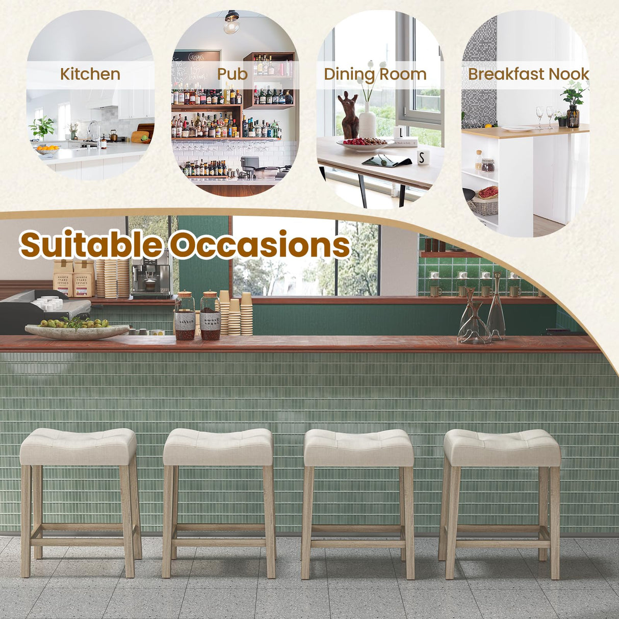 Giantex 24" Bar Stools Set of 4, Upholstered Counter Height Saddle Bar Stools with Footrest and Wood Legs, Farmhouse Button Tufted Backless Barstools for Kitchen Island, Dining Room, Cafe, Beige Giantex