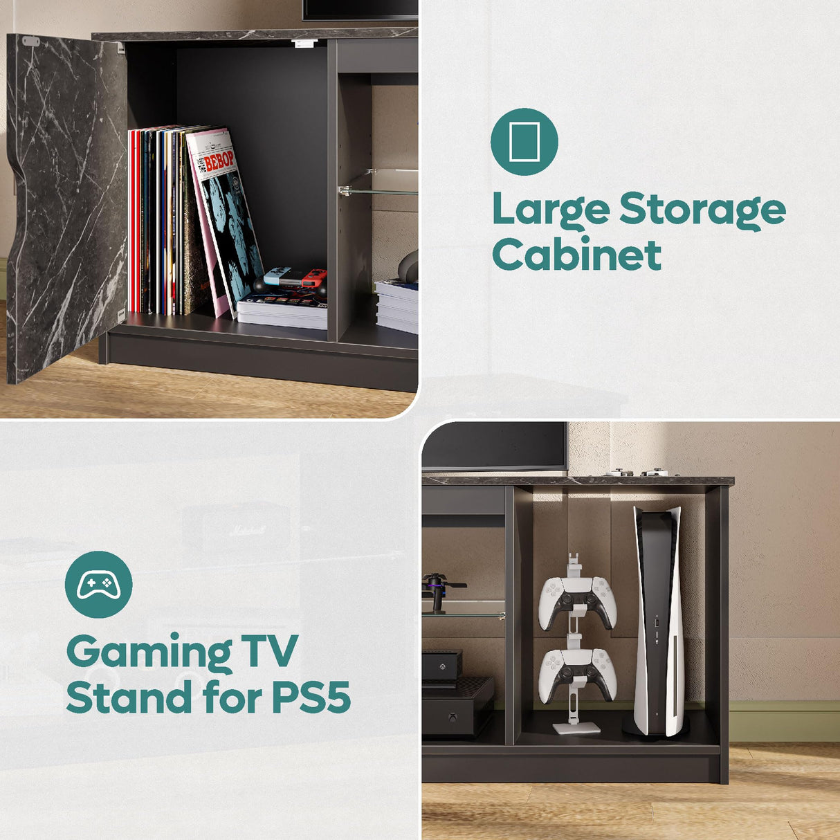 Bestier Led Entertainment Center for PS5,Xbox,Gaming TV Stand with Cabinet for 60/65 Inch TV, Modern TV Console with Adjustable Glass Shelf for Living Room Easy Assembly Black Marble Bestier