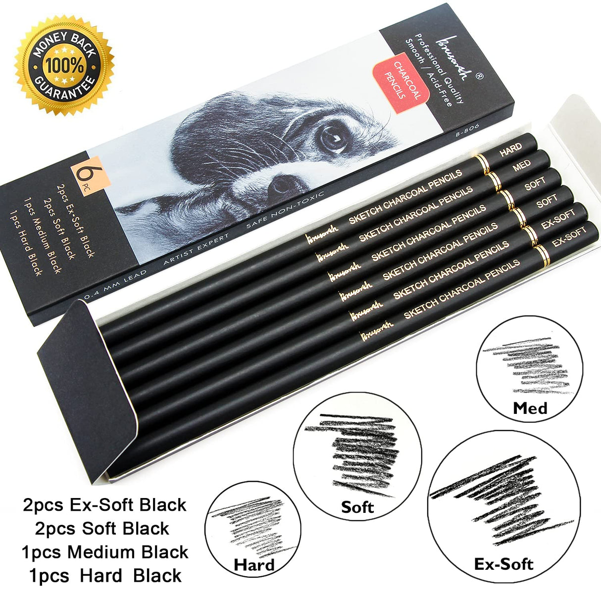 Brusarth Professional Charcoal Pencils Drawing Set - 6 Pieces Soft Medium and Hard Charcoal Pencils for Drawing, Sketching, Shading Brusarth