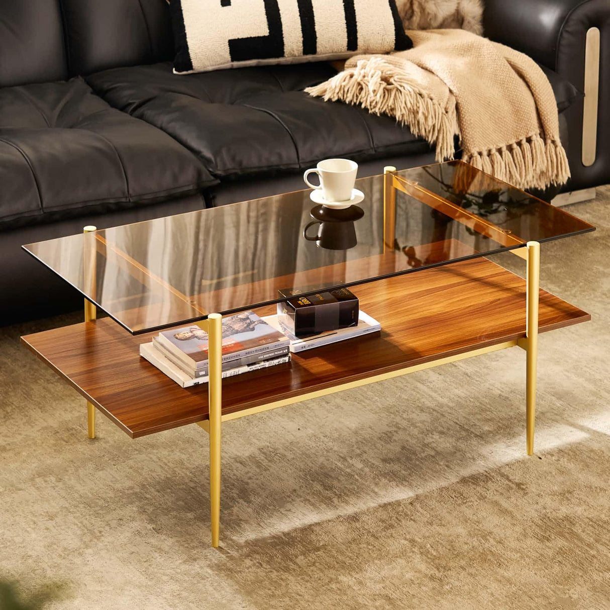 AGV LIGHTING 202206 Tadio Glass Coffee Table, Double Layer Coffee Table for Living Space, Gold Finish Frmae, Coffee Brown Glass Top & Walnut Brown Wood Top AGV LIGHTING
