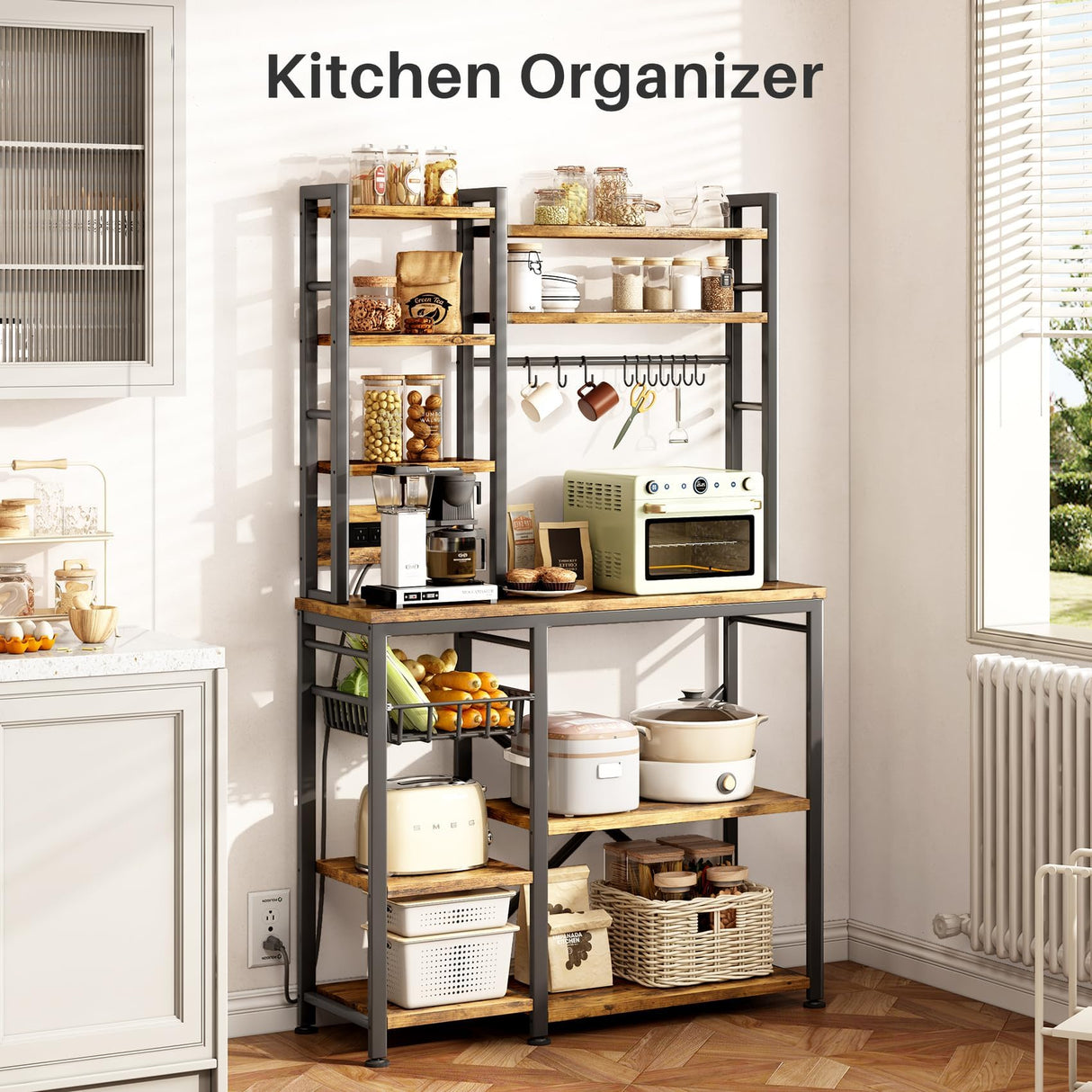 Baker Rack with Power Outlet - Large Microwave Stand with Storage, Kitchen Coffee Bar Station, Rustic Brown and Black, 14.5" D x 36" W x 72" H SAYZH