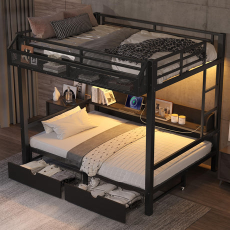 Full over Full Bunk Bed with Storage Drawers and Shelves, Metal Bunk Beds with USB Ports and LED Lights, Lower Bed that can be converted into a sofa for Bed Room,Guest Room,Dormitory.(Black) Harper & Bright Designs