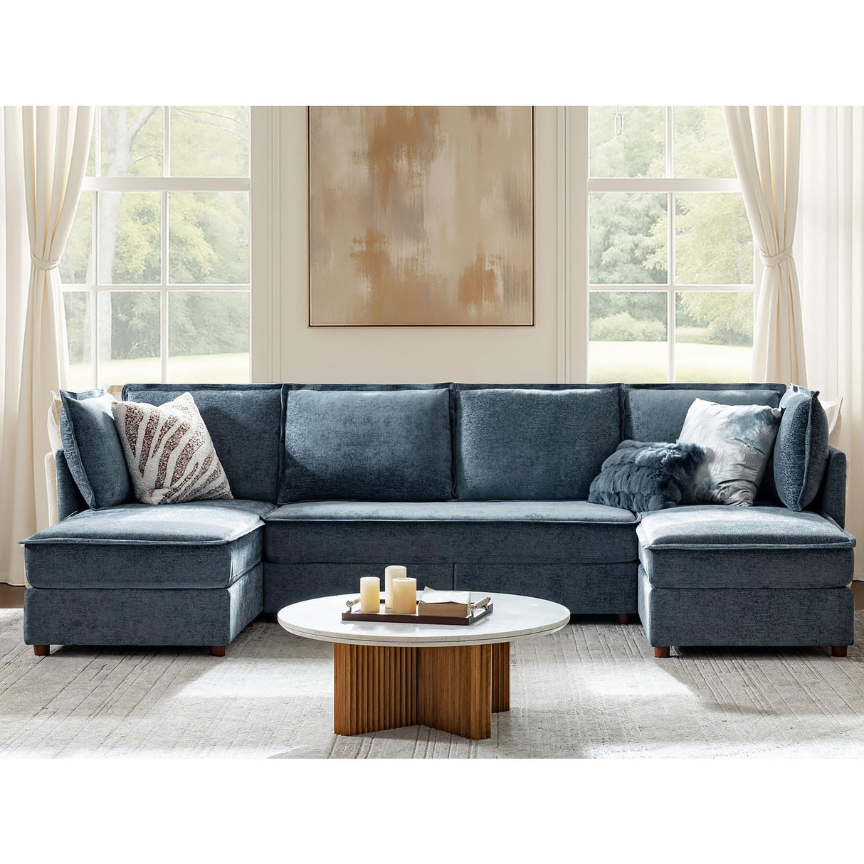 HULALA HOME 129'' Modular Sectional Sofa with Chaise, Oversized U Shaped Sofa with Hidden Storage Compartment, Comfy Cloud Couch with Extra-Wide Seat, Tool-Free Assembly, Blue HULALA HOME