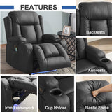 URRED Recliner Chair with Massage and Heat, Power Reclining Sofa Chair Home Theater Seating with LED Ambient Light, USB Ports, Cup Holders, Side Pockets, Faux Leather, Black URRED