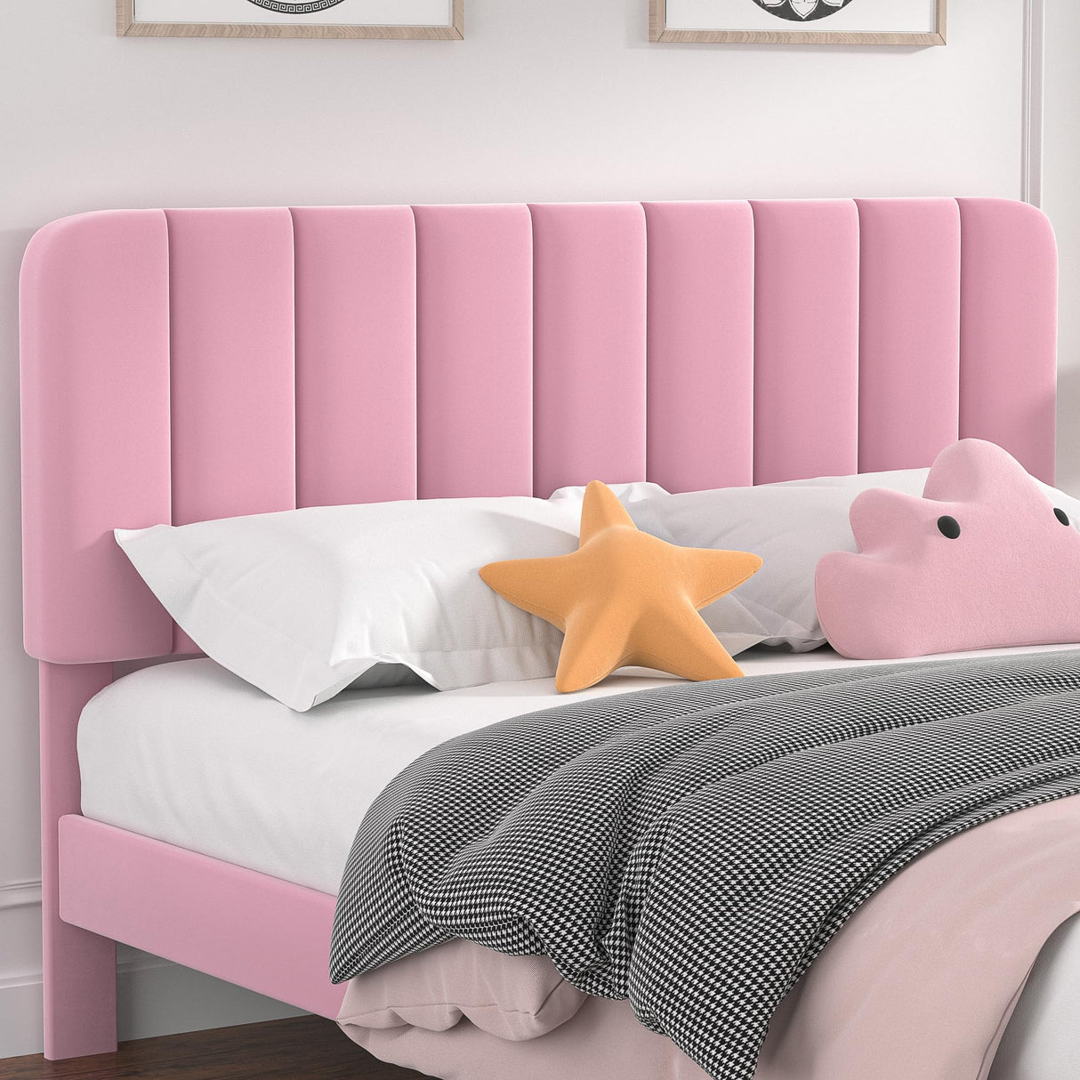 VECELO Queen Size Bed Frame with Upholstered Headboard, Velvet Platform Bedframe Mattress Foundation, Strong Wood Slat Support, No Box Spring Needed, Pink VECELO