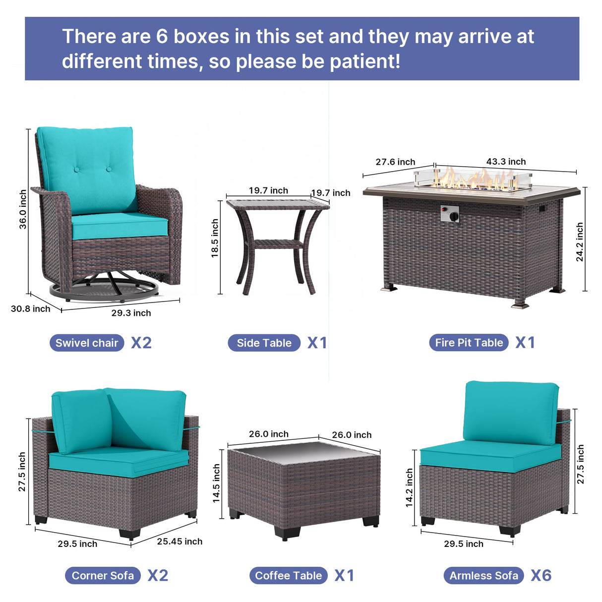 Gotland 13 Pieces Outdoor Patio Furniture Set with 2 Swivel Rocking Chairs&55,000 BTU Gas Fire Pit Table w/Glass Wind Guard Patio Conversation Sectional Sofa Sets-Blue Gotland