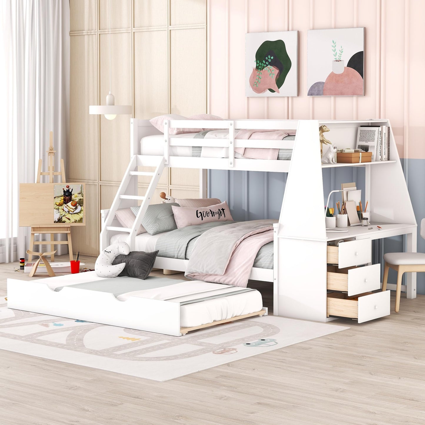 Bellemave Twin Over Full Bunk Bed with Trundle, Desk, Storage Drawers & Shelf in White - WoodArtSupply