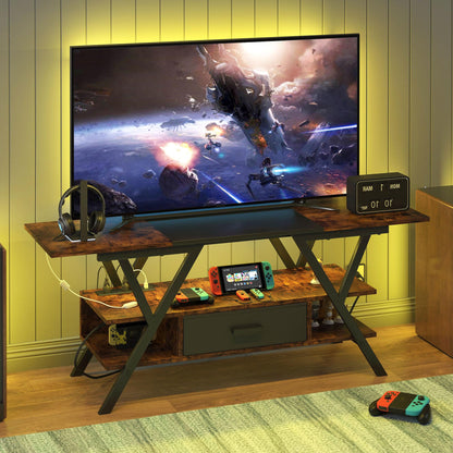 Yusong 65 inch LED TV Stand, Entertainment Center Gaming TV Table with Outlets, Up to 65" Media Console for Living Room, 29+DIY Dynamic RGB Modes, Rustic Brown and Black - WoodArtSupply