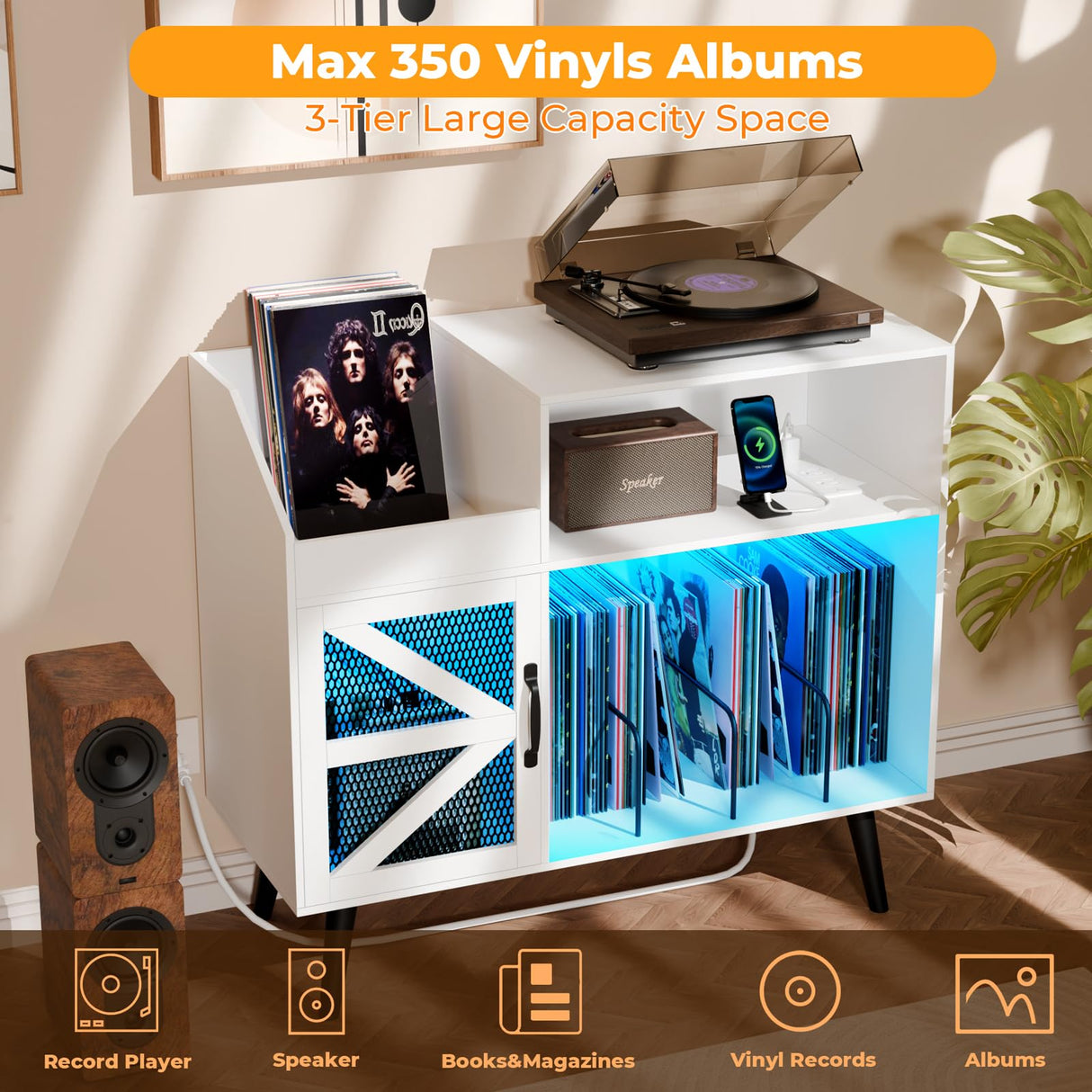 Large White Record Player Stand with Magnetic Door,350 Vinyl Record Storage Cabinet, Record Player Table with Power Outlet & LED Light,Turntable Stand with Wood Legs for Living Room,Bedroom,Office Bonvork
