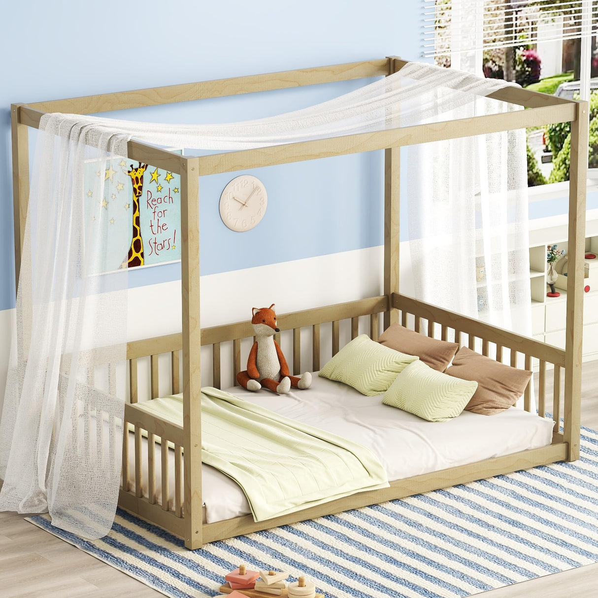 jurmiture Natural Wood Full Size Canopy Floor Bed with Guardrails for Kids jurmiture