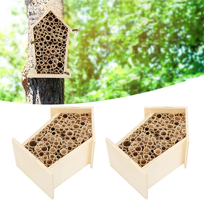 Native Hive Wooden Bee House, Natural Handmade Wooden Bee Box Habitat with Bamboo Tubes,Insect House Shelter for Attracting Peaceful Bee Pollinators (2PCS) - WoodArtSupply