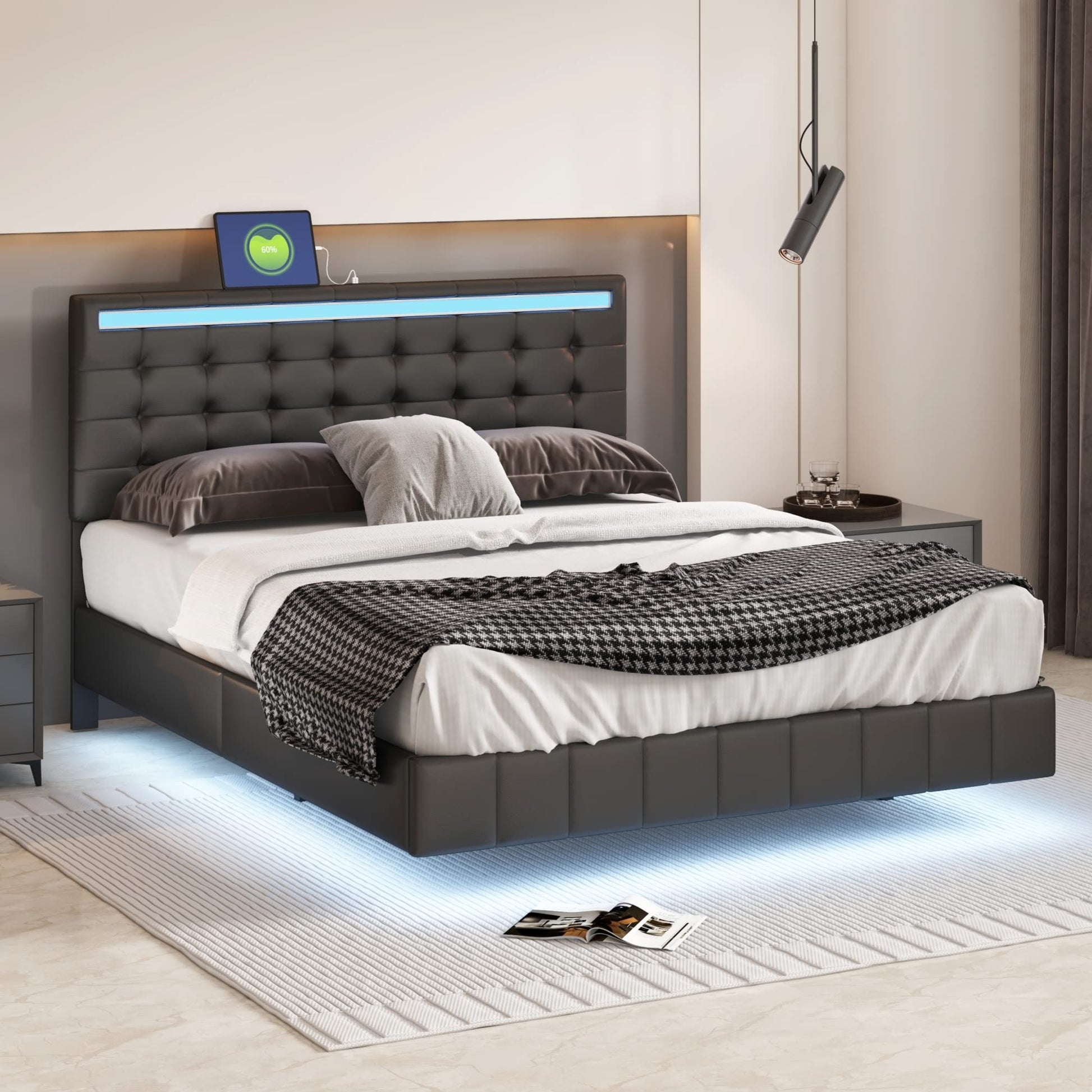 Jintop Modern Queen Size Floating Bed Frame with LED Lights & USB Charging Ports - WoodArtSupply