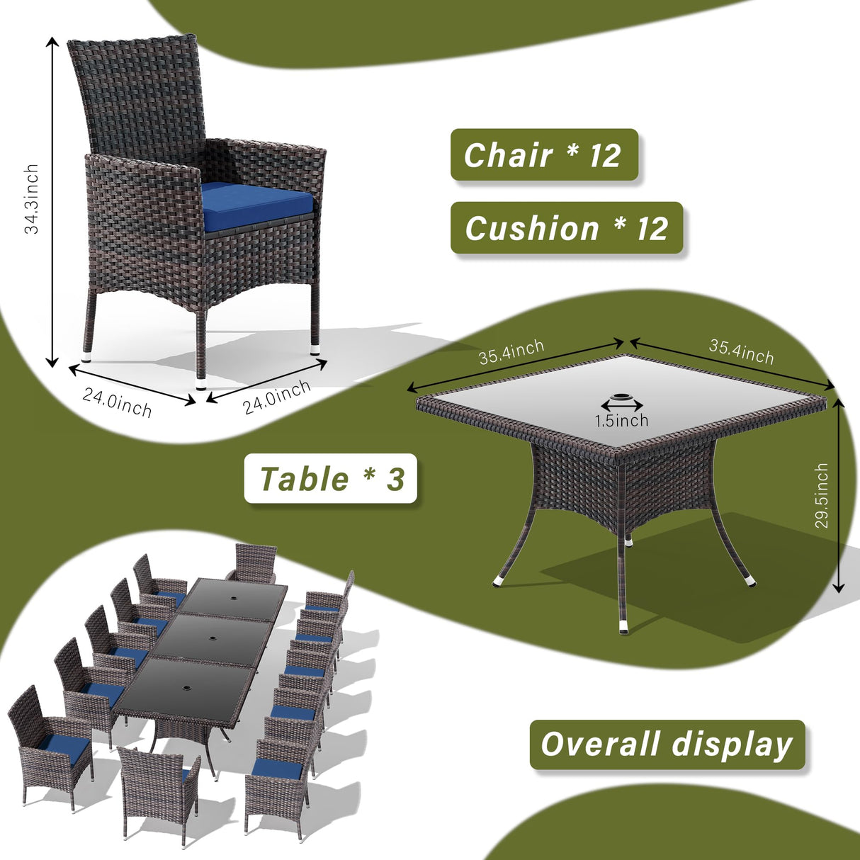 RTDTD 15 Pieces Patio Dining Set Outdoor Rattan Furniture Dinning Set with 3 Square Glass Tabletops 12 Chairs with Navy Blue Cushions for Patio, Backyard Outdoor Kitchen Lawn & Garden RTDTD