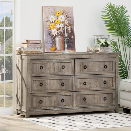 Joaxswe Farmhouse 6 Drawers Dresser for Bedroom, 54 Inch Wide Wood Dresser Chest of Drawers, Vintage Design TV Stand, Rustic Storage Dressers Organizer for Bedroom, Living Room, Hallway-Oak Joaxswe