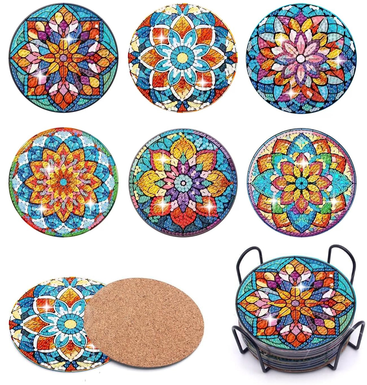 Puraikcmi 6pcs DIY Mandala Diamond Art Painting Kits Coasters with Holder, Diamond Art Coasters Adults Beginners, Flower Diamond Art Crafts Supplies Puraikcmi