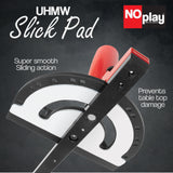 Fulton Miter Gauge 2000 SE Featuring NoPlay Expandable Glides • Steel Miter Bar Bar • Fits into a 3/4” x 3/8” Miter Slot • UHMW Slick Pad • Protractor Style Head with 13 Positive Stops Fulton