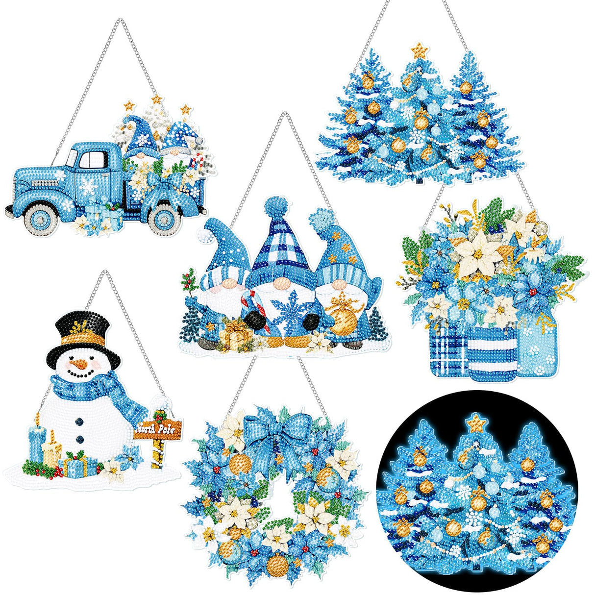 Chiisong 6 Pcs Winter Diamond Painting Hanging Sign Glow in The Dark Diamond Art Painting Kits Snowman Truck Wreath Vase Gnome Xmas Tree Pendant Ornaments for DIY Holiday Decoration Gift Chiisong