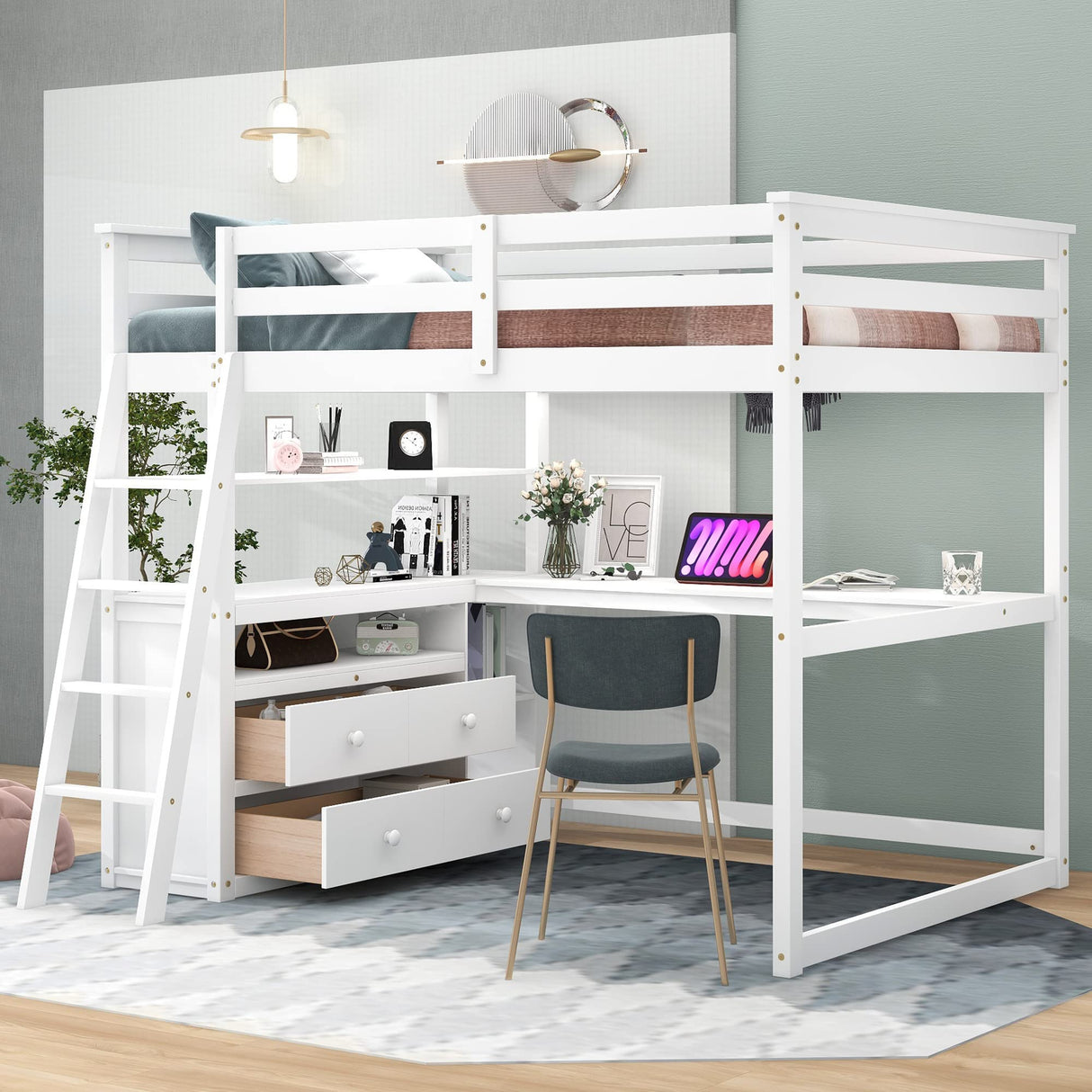Merax Full Size Loft Bed with Desk Wood Loft Bed Frame with Shelves, and 2 Built-in Drawers, White Merax