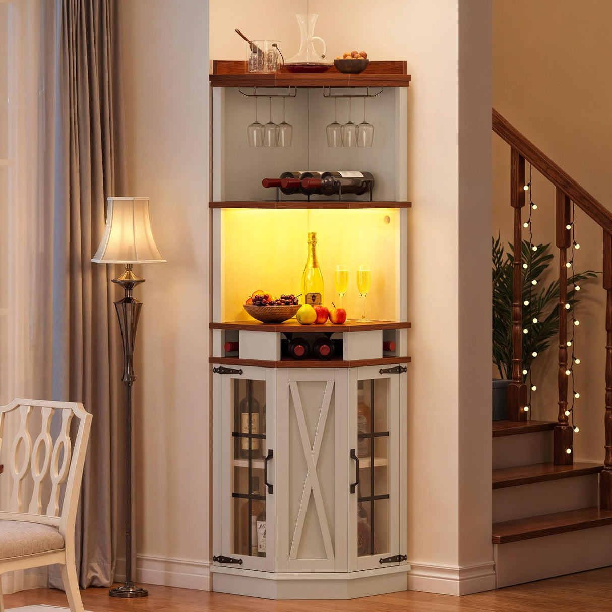 DWVO Corner Bar Cabinet with Glass Door & LED Lights, 72" Tall Farmhouse Liquor Cabinet Bar with Glass & Wine Holder, 6-Tiers Alcohol Cabinet for Dining Room, Living Room, Kitchen,White DWVO