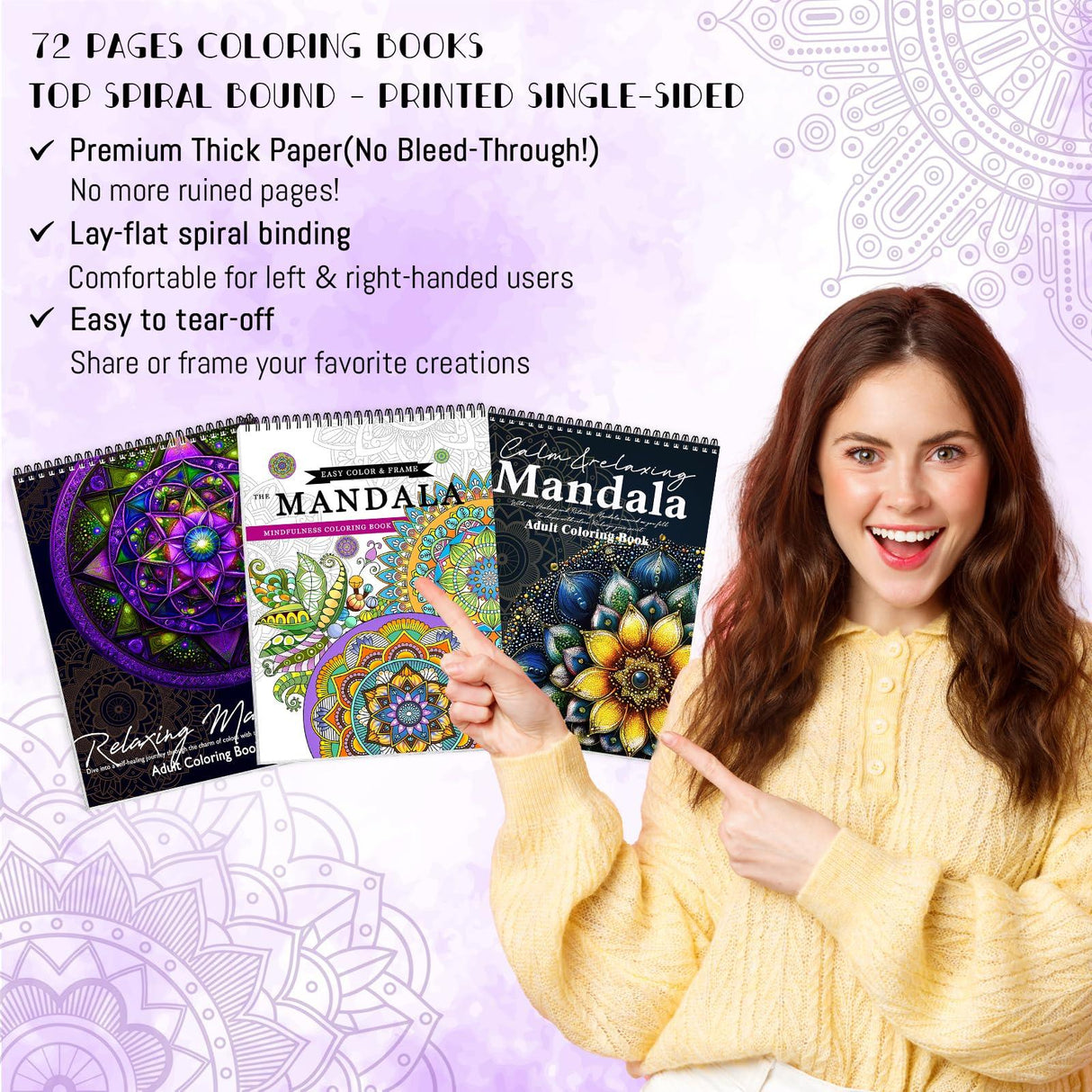 3Pcs Adult Coloring Book Spiral Bound, Mandala Coloring Book for Adult Relaxation, Original Design with 72 Patterns, Thick Paper One Sided Design, Hand-Drawn Design, Anxiety Relief Mindfulness Gifts CKMOREL