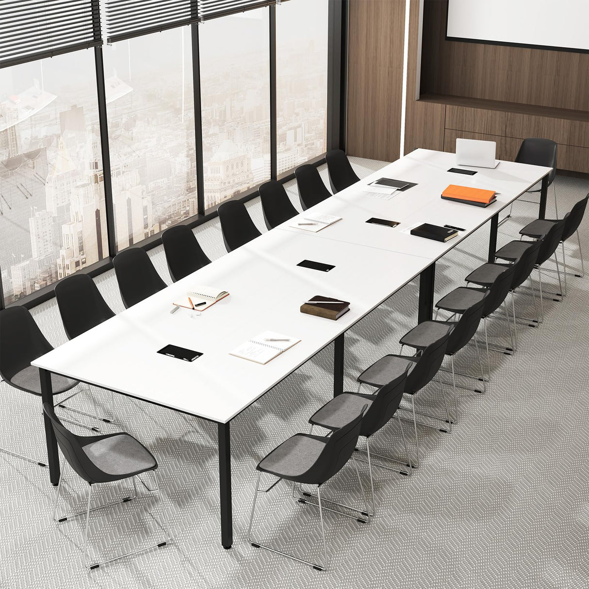GOFLAME 8 FT Conference Room Table, Large Meeting Desk Seats up to 10 People, 2 Cable Grommets, Rectangle Seminar, Business Table, Training for Office, Boardroom, White + Black GOFLAME