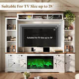 AMERLIFE 98in Farmhouse Entertainment Center with 36" Fireplace, TV Stand, Bookshelf, Wine Cabinet, Fits 78" TVs, Wall Unit Media Console with Power Outlets & Barn Doors, Living Room, Distressed White AMERLIFE