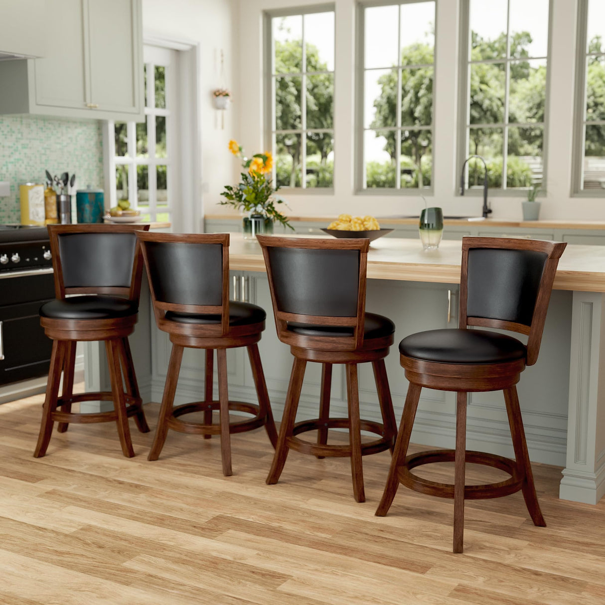 Swivel Bar Stools Set of 2, 24" Counter Height Swivel Barstools with Back & Faux Leather Upholstered Seat, Island Chairs with Solid Wood Legs & Footrest for Kitchen, Dining Room, Pub (Brown) Buytime