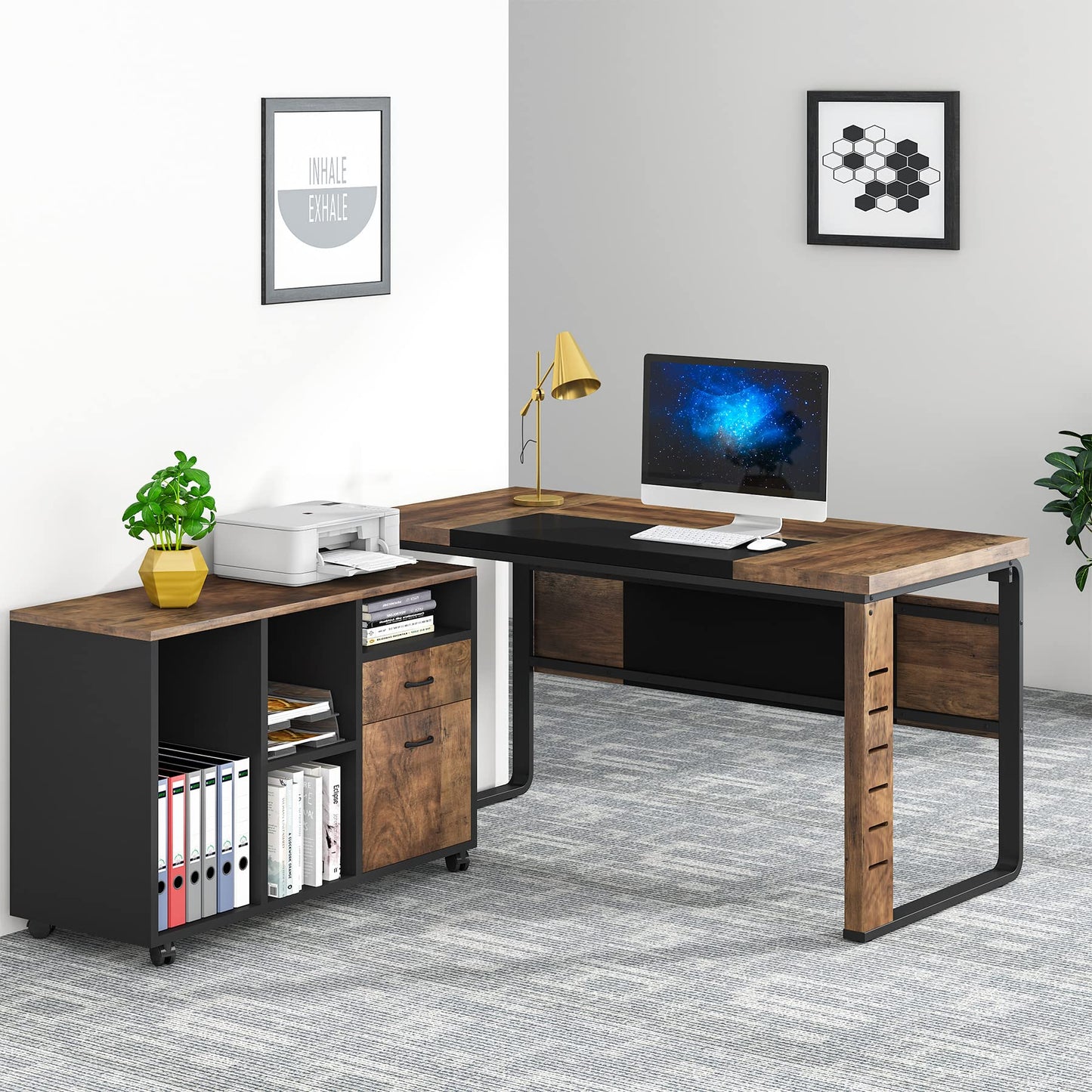 Tribesigns Large L-Shaped Computer Desk, 59 inch Executive Office Corner Desk Workstation Business Furniture with Letter Size File Cabinet for Home Office, Light Brown - WoodArtSupply