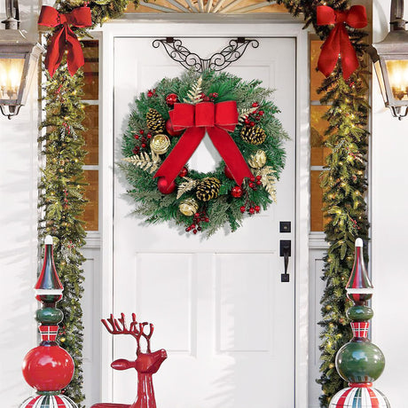 Christmas Wreath with Lights - 16" Christmas Wreaths for Front Door with Red Bow, Christmas Door Wreath with Balls Berries & Pine Cones for Home Wall Indoor Outdoor Xmas Decor Yastouay