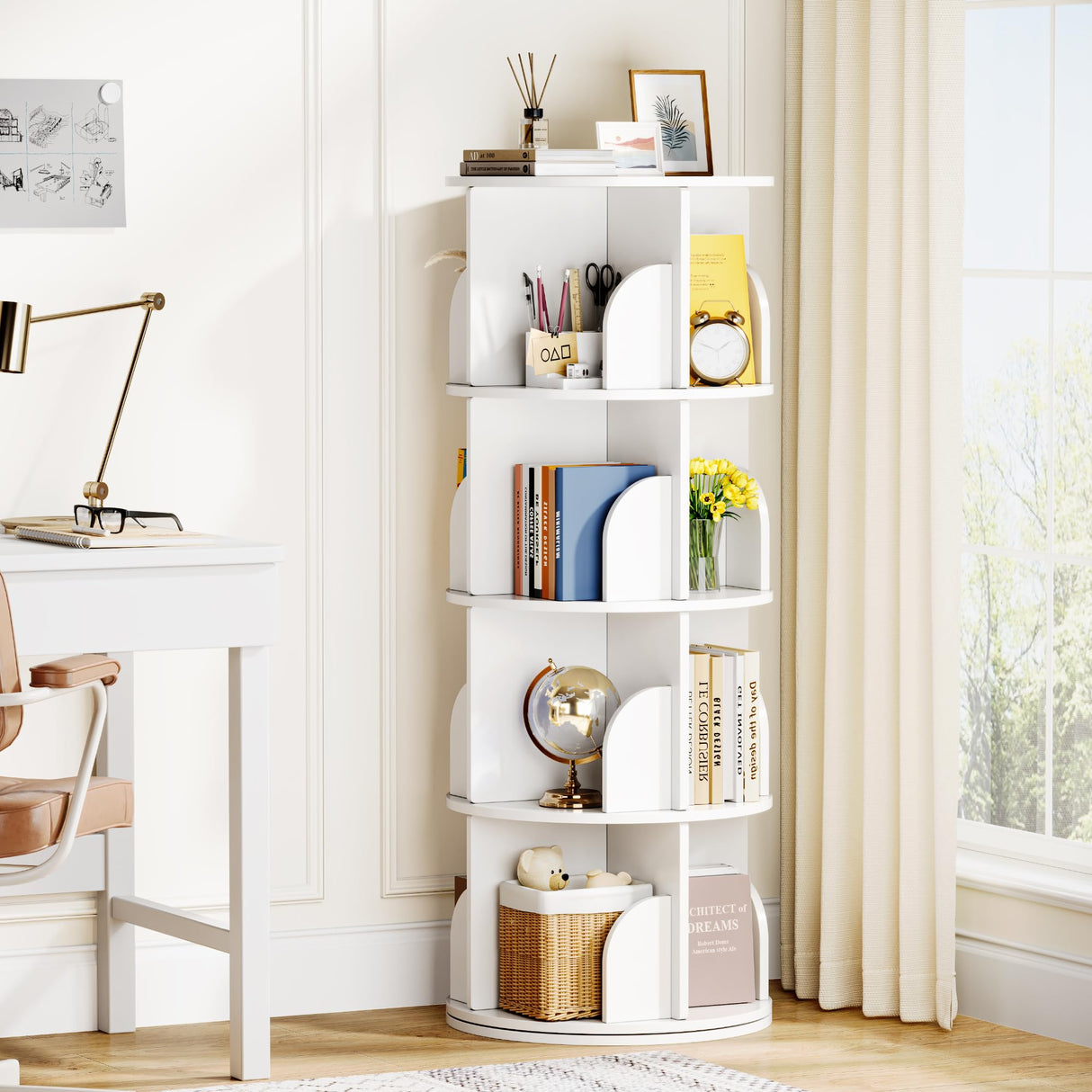 FOLINALA Rotating Bookshelf, Small Corner Bookcase with Storage for Small Space, 4 Tier 360 Spinning Bookshelf Tower, Revolving Book Shelf Organizer for Bedroom, Living Room and Study Room (White) FOLINALA