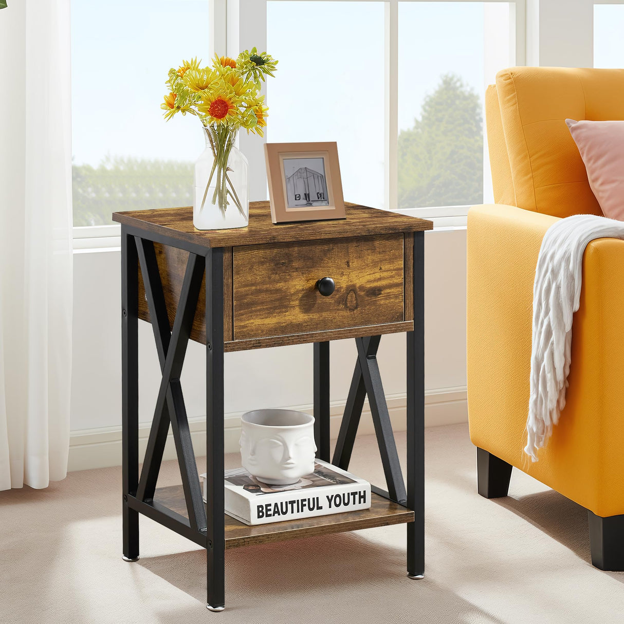 VECELO Nightstand,Modern Bedside End Table, Night Stand with Drawer and Storage Shelf for Living Room Bedroom, Industrial Metal Frame VECELO